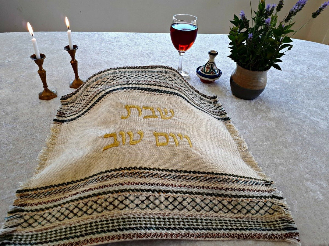 כיסוי חלה בעבודת יד - ירוק וזהב - מתנה לשבת